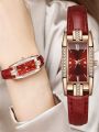 Fashionable Women's Leather Strap Wristwatch Retro Females Quartz Watch Vintage Square Shape Water Resistant Watches.