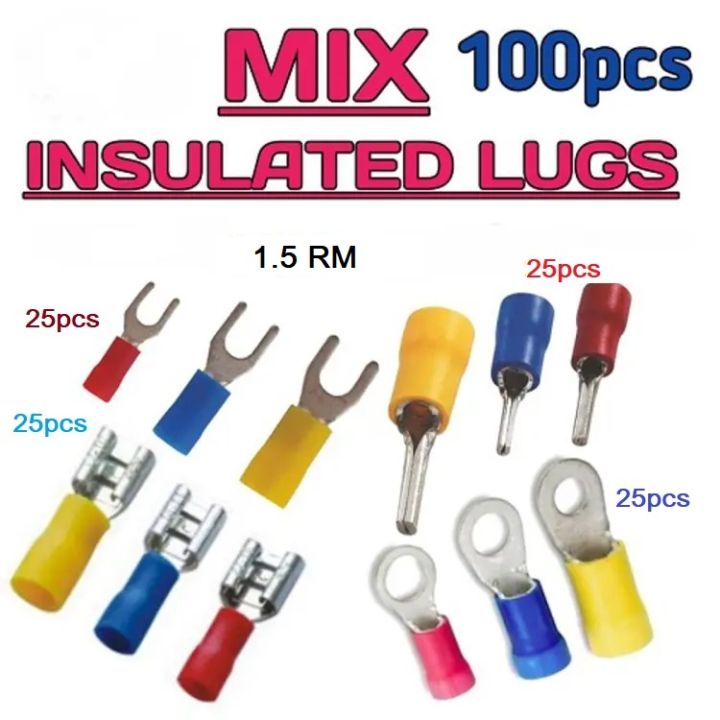 Wire Lug Battery Cable Ends 1.5rm Pin Fork Female Ring & Mixed Insulted 100 Piece Cable Connectors