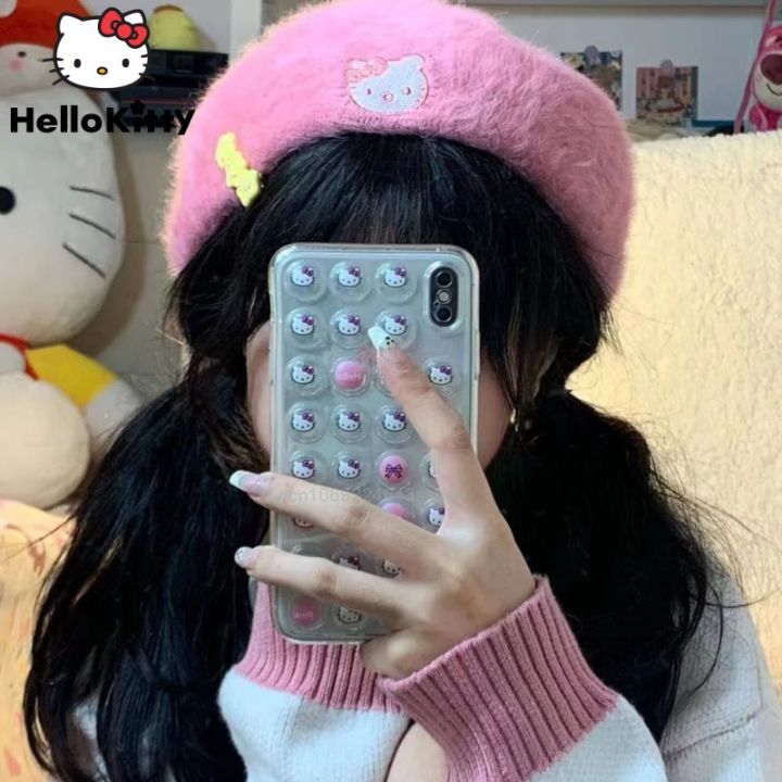 Sanrio Hello Kitty Fashion Plush Beret Soft Hat Y2k Girl Winter Harajuku Korean Style Cap Women Retro Trendy Clothes Accessories