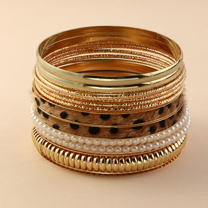 【Beiver Jewelry Store  】Fashion Western Jewelry Metal Bangles Pcs Leopard Pearl Gold Bracelet Bangles For Womens And Girls