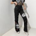 Gothic Cargo Pants Women Streetwear Punk Style Print Low Waist Jeans Black Denim Trousers Buckle Pockets Aesthetic Pantalones. 