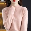 100% Wool Cashmere Sweater Women's Knitted Sweater Half High Collar Long Sleeve Pullover Autumn and Winter Fashion Warm Top.