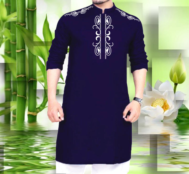 New Semi Long Printed Linen Panjabi For Men