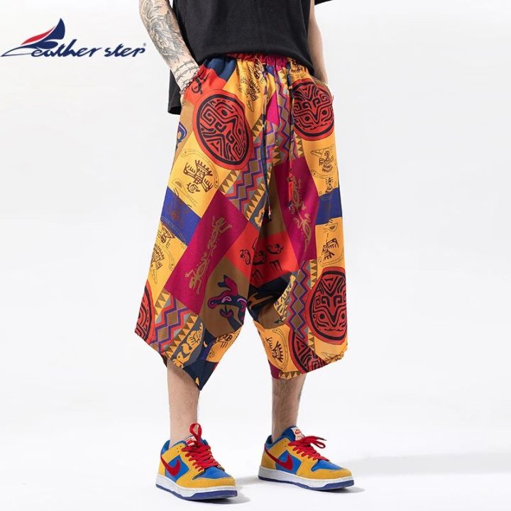 Vintage Male Aladdin Pants Baggy Cotton Man Harem Pants with Pocket Men Hip-hop Harem Casual Floral Pants Wide Leg Trousers