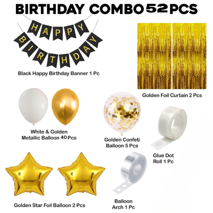 Birthday%20Decoration%20Combo%20Pack%20With%20Birthday%20Card%20Banners,%20Golden%20Foil%20Curtains,%20Golden%20Confetti%20Balloons,%20Metallic%20Balloons,%20Balloon%20Arch%20&%20Glue%20-%20Image%202