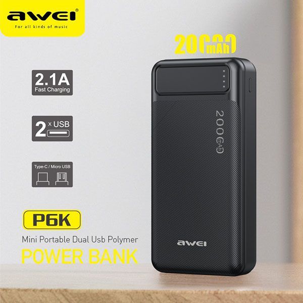 Awei 20000mAh USB Port Fast Charging Input Micro USB and Type C Quick Charge Black