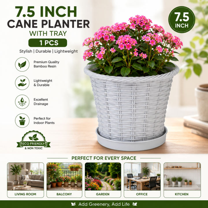 Planter Bamboo Resin Flower Pot7.5 inch Cane Planter With tray 1 pcs