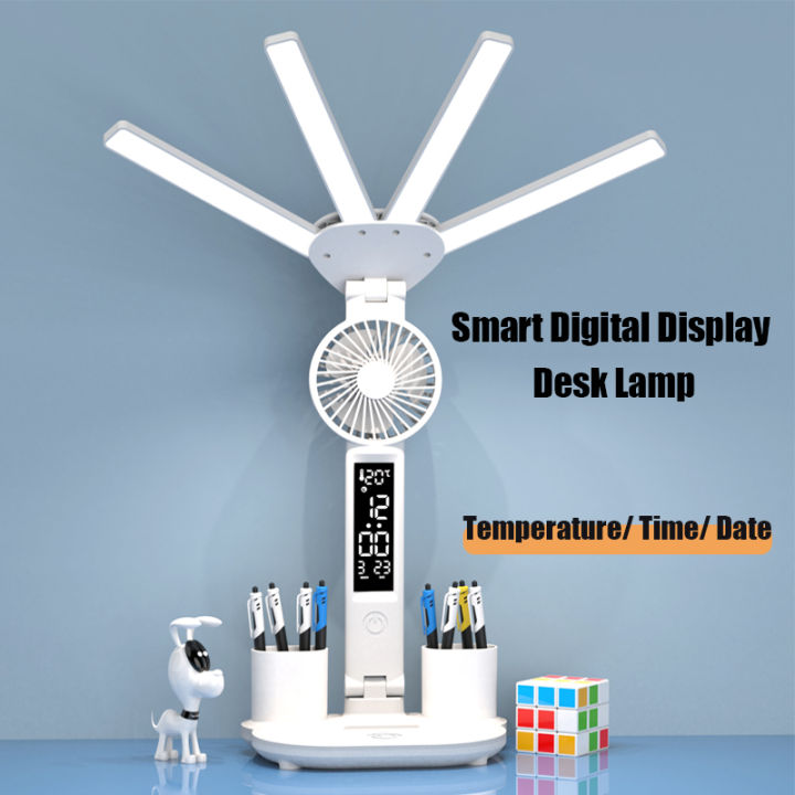3in1 Multifunction Table Lamp LED Four-headed Folding With Fan Calendar Clock USB Rechargeable Desk light 3 color Reading Lamp