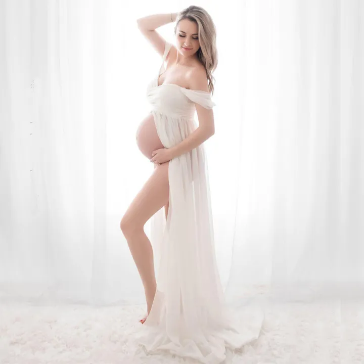 Maternity%20Dresses%20for%20Photo%20Shoot%20Off%20Shoulder%20Mesh%20Sheer%20Split%20Long%20Pregnancy%20Dress%20Women%20Maternity%20Clothes%20-%20Image%202