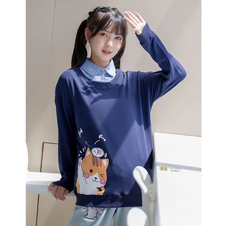 Cartoon Kitty Print Long Sleeve Pullover Top Women Sweatshirt