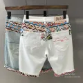 Summer New Denim Shorts Men's Stitching Embroidery Ripped Knee-length Shorts White 2024 Korean Fashion High Quality Jeans. 