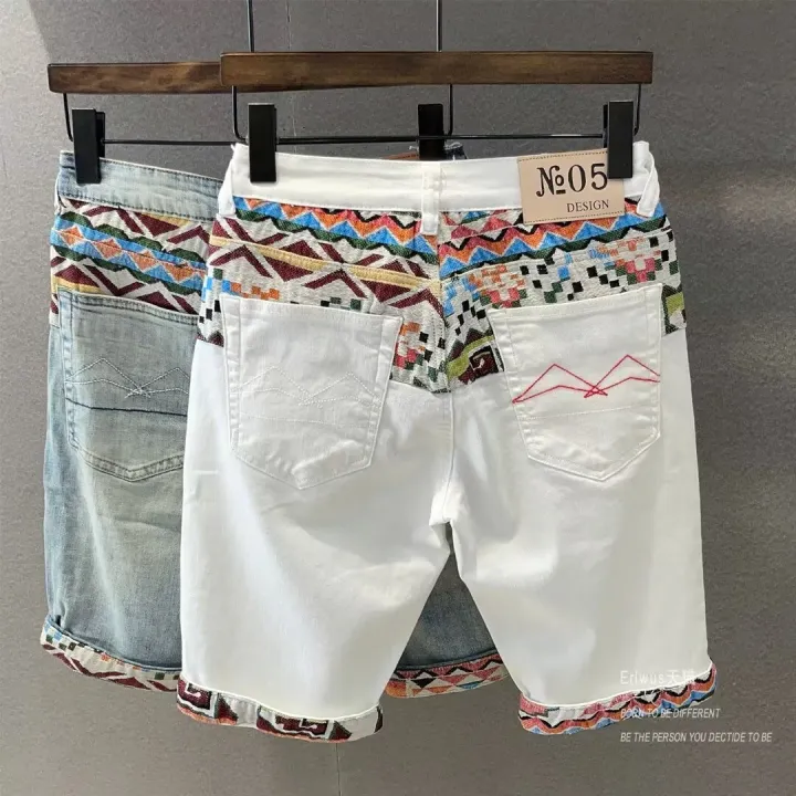 Summer New Denim Shorts Men's Stitching Embroidery Ripped Knee-length Shorts White 2024 Korean Fashion High Quality Jeans