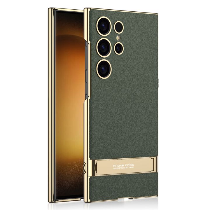 GKK Triumph Ultra-Thin Plain Leather Phone Case with Holder For Samsung Galaxy S24 Ultra 5G