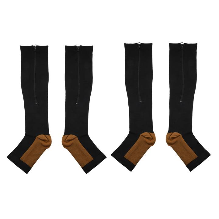 2X Compression Stockings Nylon Zipper Compression Sock Leg Knee Support Open Toe Varicose Veins Stretch Socks(Black)XXL