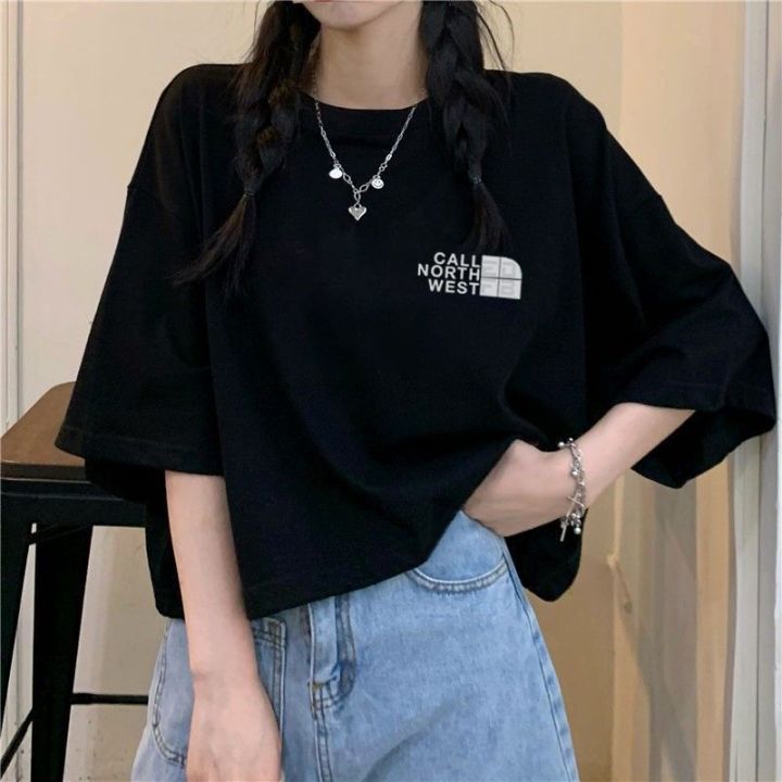 Pure Cotton ins Short T T-shirt Female Harajuku Style Student Summer New Korean Style Loose Black Figure Flattering Short Sleeve Top Fashion