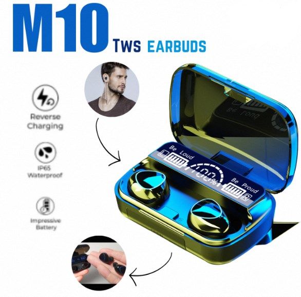 M10 TWS Earphones - 9D Stereo, LED Digital Display, Touch Control, CVC 8.0 Noise Reduction Technology with 2000mAh Mini Power Bank Charging Box - Bluetooth Headphones