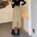 Hong Kong Style Retro Workwear Skirt Women's Fall Mid-Length Straight Split One-Step Skirt Khaki High Waist Denim Skirt. 