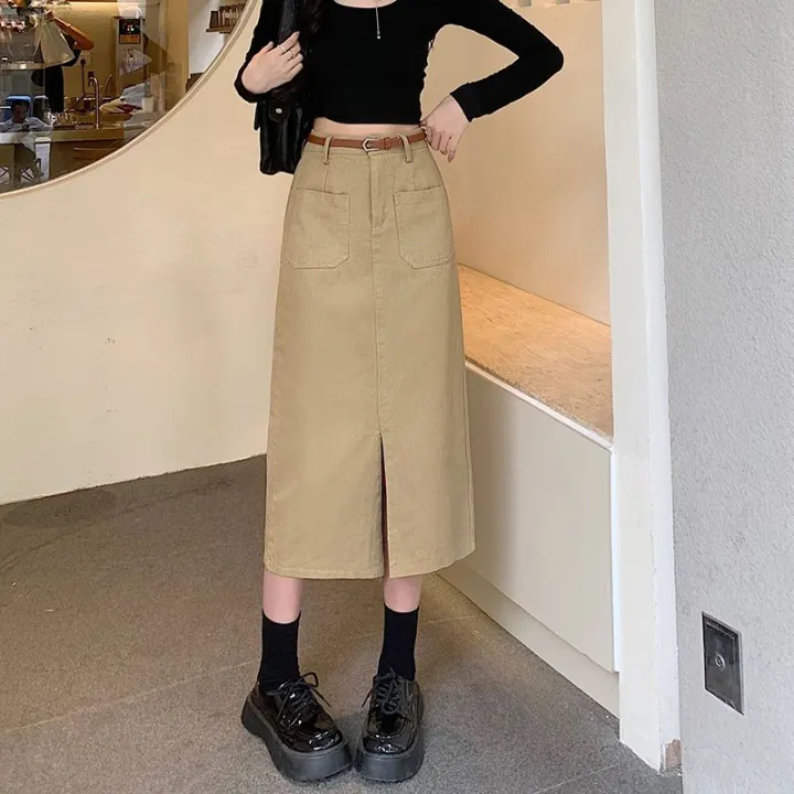 Hong%20Kong%20Style%20Retro%20Workwear%20Skirt%20Women's%20Fall%20Mid-Length%20Straight%20Split%20One-Step%20Skirt%20Khaki%20High%20Waist%20Denim%20Skirt%20-%20Image%205