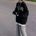 American-StyleoversizeThin Velvet Padded Hooded Sweatshirt Women's Autumn Black Loose Fried Street Coat Trendy High Street Top. 
