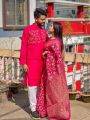 New Designer Screen Print Half Silk Saree And Dhupiyan Cotton Panjabi For Combo Couple set. 