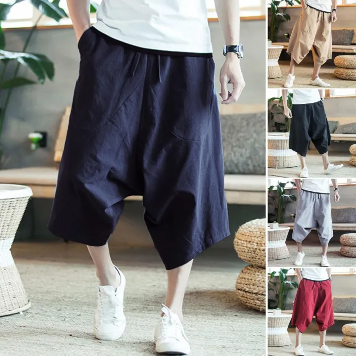 Stylish%203/4%20Trousers%20Men%20Men%20Capri%20Pants%20Large%20Pockets%20Solid%20Color%20Drawstring%20Loose%20Cropped%20Pants%20Baggy%20-%20Image%206