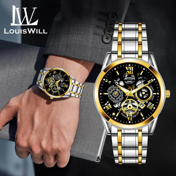 LouisWill Men Watch Men's Fashion Simple Three-Eyed Design Calendar Waterproof Steel Band Watch Waterproof Quartz Watch Fashion Men Watches Luxury Men Watch Business Casual