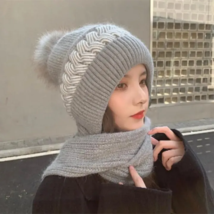 Fashionable%20Knit%20Hat%20Winter%20Hat%20for%20Women%20Knitted%20Windproof%20Warm%20with%20Plush%20Ball%20Decor%20Anti-slip%20Beanie%20Scarf%20Combo%20Stylish%20Ear%20-%20Image%204