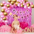 Happy Birthday Decorations Pink Combo Set - Metallic Balloons, Birthday Banner, Foil Curtain, and Glue Dot Roll - 34 Pieces of Party Perfection. 