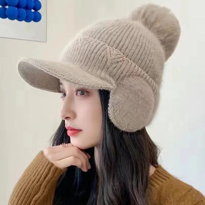 Women Earflaps Baseball Cap Big Pompom Plush Winter Knitted