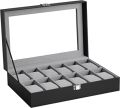 SONGMICS Watch Box with 12 Slots, Watch Case with Glass Lid, Watch Display Box with Removable Watch Pillows, Metal Clasp, Gift Idea, Black Synthetic Leather, Grey Lining JWB12BK. 
