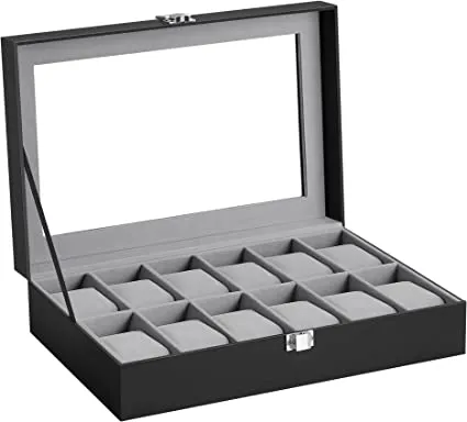 SONGMICS%20Watch%20Box%20with%2012%20Slots,%20Watch%20Case%20with%20Glass%20Lid,%20Watch%20Display%20Box%20with%20Removable%20Watch%20Pillows,%20Metal%20Clasp,%20Gift%20Idea,%20Black%20Synthetic%20Leather,%20Grey%20Lining%20JWB12BK%20-%20Image%202