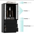 Modern Armoire 2 in 1 wardrobe — Black 2 Door Fluted Glass Hanging Road with 3 Drawer Storage Wardrobe, 2 Part Glass Almirah Hanging Road with Srorage Drawer Almari.