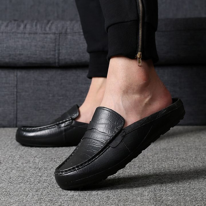 【2023】 Fashion Men Leather Slippers Outdoor Half Loafers Lightweight Half Shoes Breathable Mules for Man Summer Casual Sandals Slides