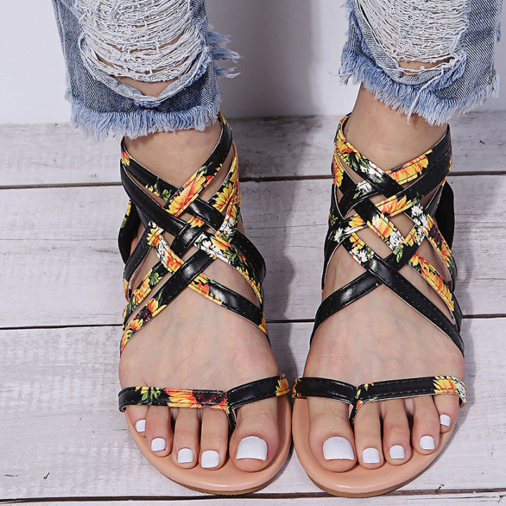 2021 summer new European and American plus size woven flat back zipper roman sandals women's spot clip toe women's shoes