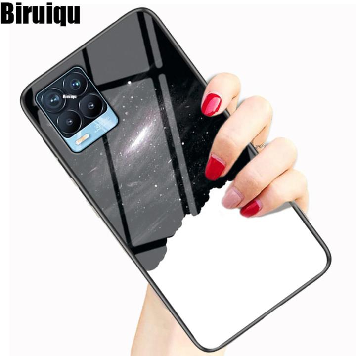Biruiqu For Realme Pro Realme 4G Shockproof Starry Colorful Tempered  Glass Back Soft Silicone Edge Case Cover