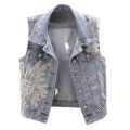 2023Spring New Korean Style Lace Bead Denim Vest Women's Short Sleeveless Tank Top Top Waistcoat Fashion. 