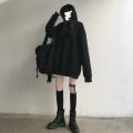 Black hooded sweatshirt women's Harajuku style dark black new off-the-shoulder pullover top spring loose casual bf long sleeves. 