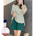 Manufacturers: foreign trade, summer pajamas with bra pads, women's short-sleeved shorts, imitation cotton stripes, simple sports loungewear, can be worn outside.