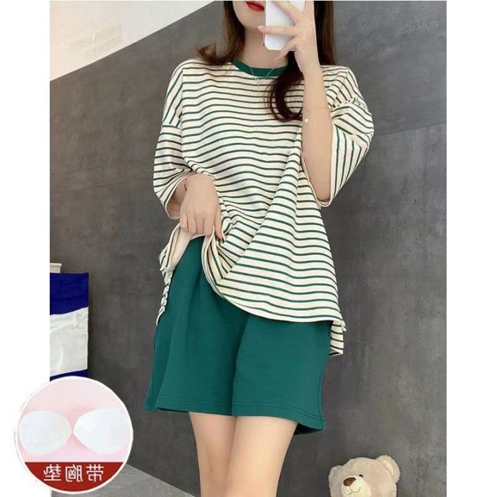 Manufacturers:%20foreign%20trade,%20summer%20pajamas%20with%20bra%20pads,%20women's%20short-sleeved%20shorts,%20imitation%20cotton%20stripes,%20simple%20sports%20loungewear,%20can%20be%20worn%20outside%20-%20Image%202