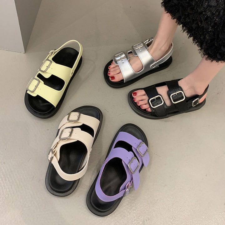 Birkenstock Double Belt Buckle Flat Soft Leather Sandals for Women2023Summer Buckle Casual Roman Shoes Open Toe Beach Shoes