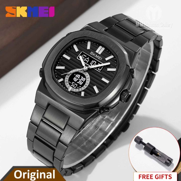 SKMEI 2279 Dual Time Stainless Steel Digital Watch For Men - Full Black Color