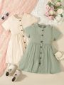 Kid’s Young Girl Comfortable Casual Solid Color Round Neck Short Sleeve Pleated Shirt Dress, Suitable for Children’s Elegant Dress.