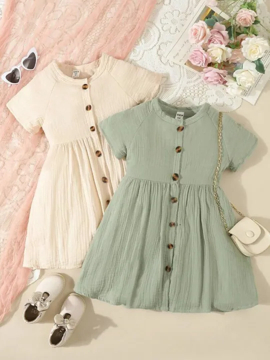 Kid%E2%80%99s%20Young%20Girl%20Comfortable%20Casual%20Solid%20Color%20Round%20Neck%20Short%20Sleeve%20Pleated%20Shirt%20Dress,%20Suitable%20for%20Children%E2%80%99s%20Elegant%20Dress%20-%20Image%202