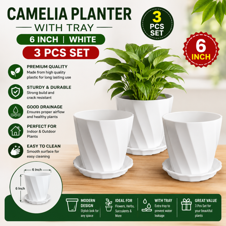 6 Inchi Camelia Planter white 3 Pcs with Tray