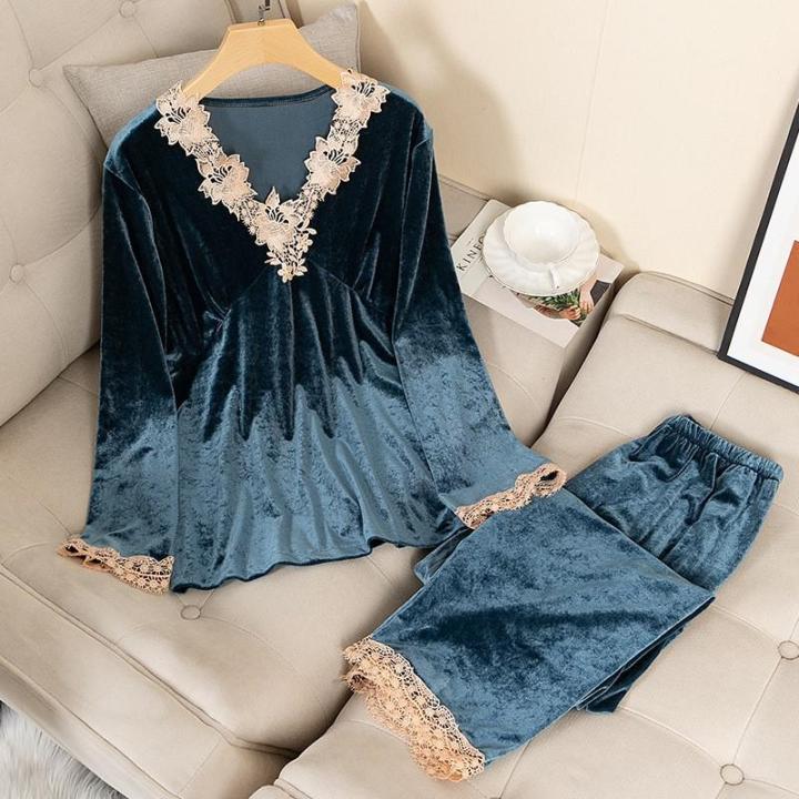 Autumn%20%20Pajamas%20Set%20Casual%20Women%20Sleepwear%20Velour%202%20Pieces%20Shirt&Pants%20Lounge%20Wear%20Soft%20Velvet%20Lingerie%20Home%20Clothes%20-%20Image%202