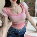 Summer Gradient Color Knitted T-shirt Women Square Collar Short Sleeve Slim Crop Top.