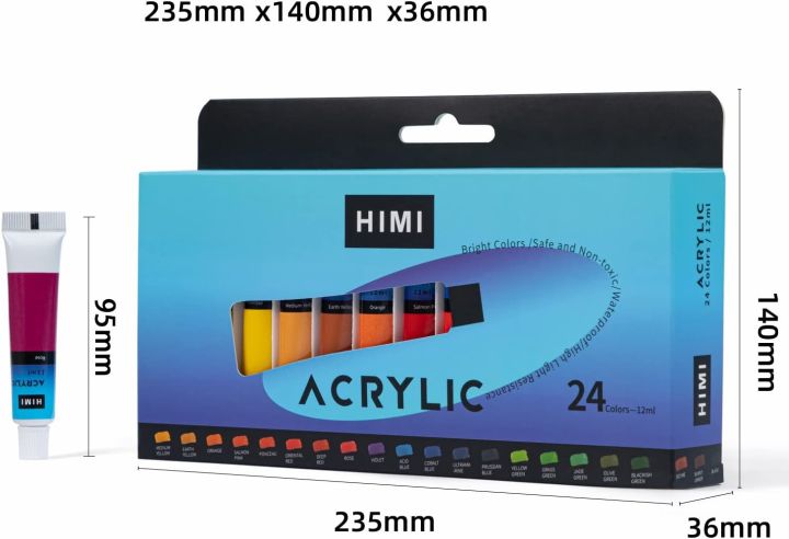 HIMI Acrylic Paint, Set of 24 Tubes of 0.4 oz (12 mL) Art Set for Adults and Kids, Painting on Canvas Panels, River Rocks, Glass, Wood, Fabric, Ceramic