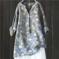 2024 Vintage Floral Art Print Linen Shirts Summer Women Casual Trendy V Neck Dressy Blouses Long Sleeve Button Tunic Long Tops.