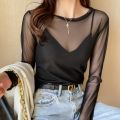 Summer Korean Fashion Mesh T-shirts Women Vintage Transparent Tops for Women Loose White Transparent Office Lady Shirts. 