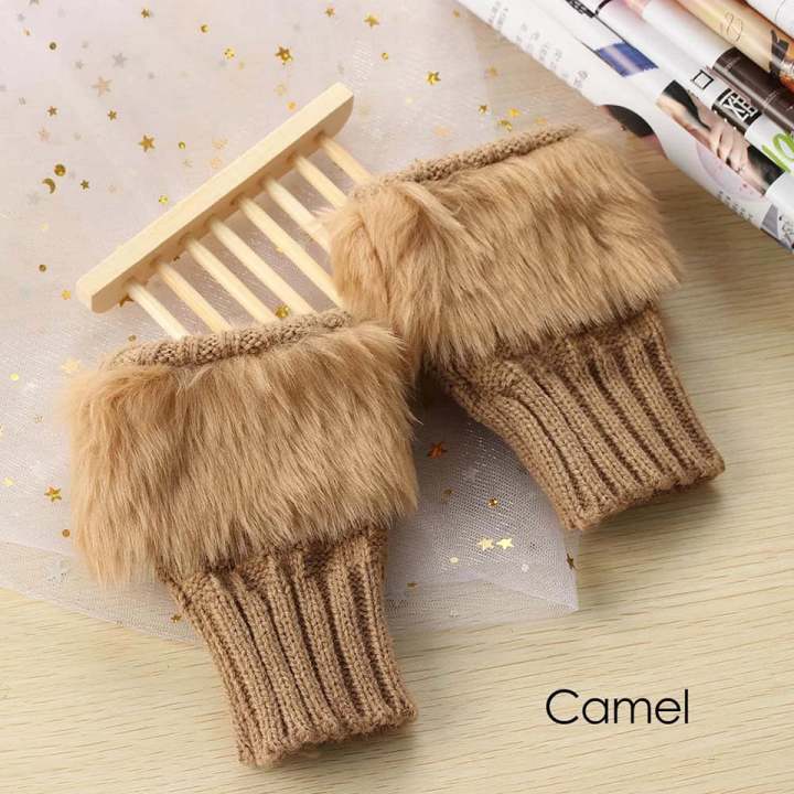 1 Pair Fashion Women's Faux Rabbit Fur Fingerless Knitted Wrist Gloves with Sheep Wool Decorations